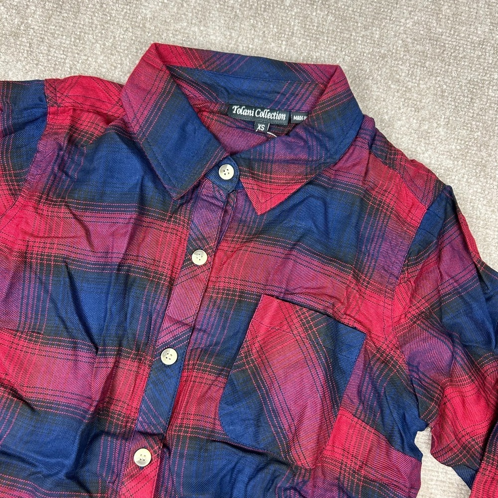 Tolani‎ Collection Shirt Womens Medium Red Blue Plaid Velvet Back High Low Hem